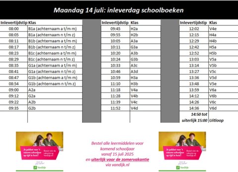 Inlevertijden schoolboeken - maandag 14 juli